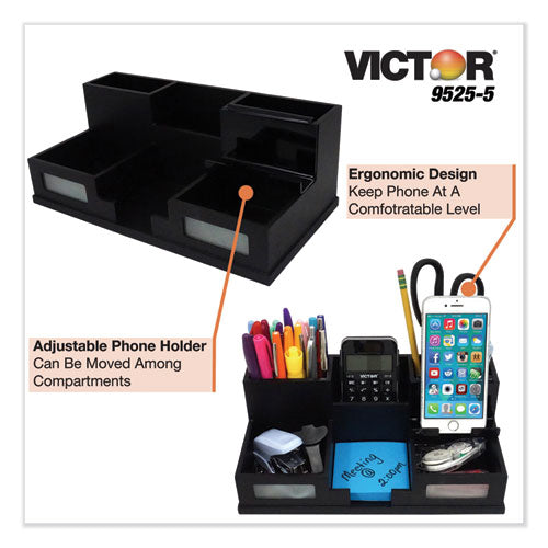 Image of Victor® Midnight Black Desk Organizer with Smartphone Holder, 6 Compartments, Wood, 10.5 x 5.5 x 4