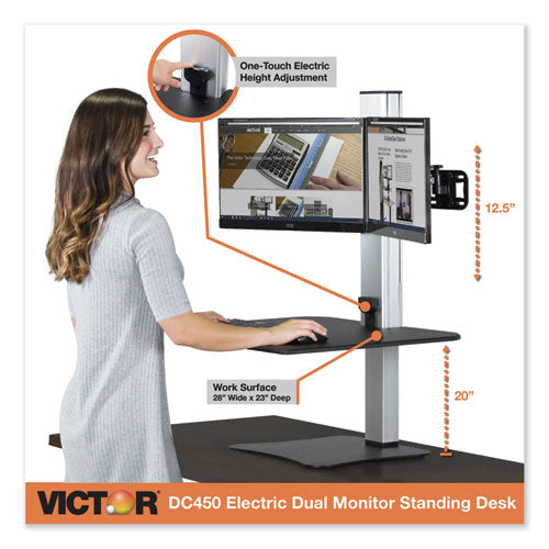 Image of Victor® High Rise Electric Dual Monitor Standing Desk Workstation, 28" X 23" X 20.25", Black/aluminum