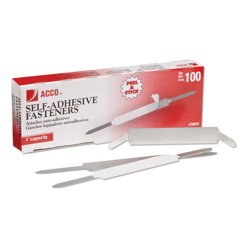 Image of ACCO Self-Adhesive Two-Prong Paper Fastener Bases, 1" Capacity, 2.75" Center to Center, Matte Steel, 100/Box