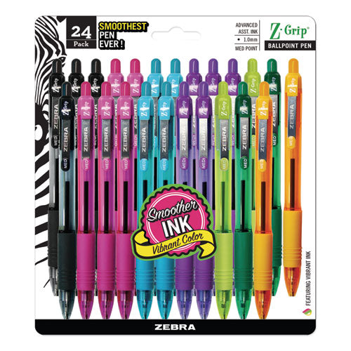 Image of Zebra® Z-Grip Ballpoint Pen, Retractable, Medium 1 mm, Assorted Artistic Ink and Barrel Colors, 24/Pack