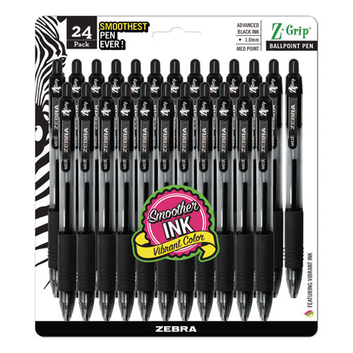 Image of Zebra® Z-Grip Ballpoint Pen, Retractable, Medium 1 mm, Black Ink, Clear/Black Barrel, 24/Pack