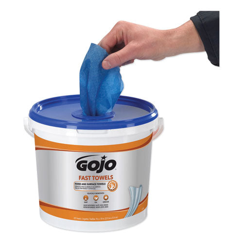 Image of GOJO® FAST TOWELS Hand Cleaning Towels, 9 x 10, Fresh Citrus, Blue, 225/Bucket, 2 Buckets/Carton