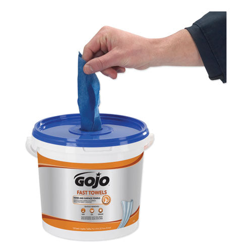 Image of GOJO® FAST TOWELS Hand Cleaning Towels, 7.75 x 11, Fresh Citrus, Blue, 130/Bucket, 4 Buckets/Carton