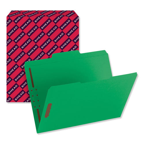 Image of Smead Top Tab Colored Fastener Folders, 0.75" Expansion, 2 Fasteners, Letter Size, Green Exterior, 50/Box