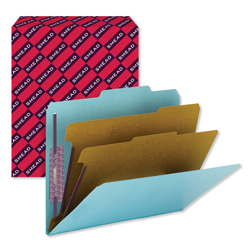 Image of Smead Six-Section Pressboard Top Tab Classification Folders, Six SafeSHIELD Fasteners, 2 Dividers, Letter Size, Blue, 10/Box