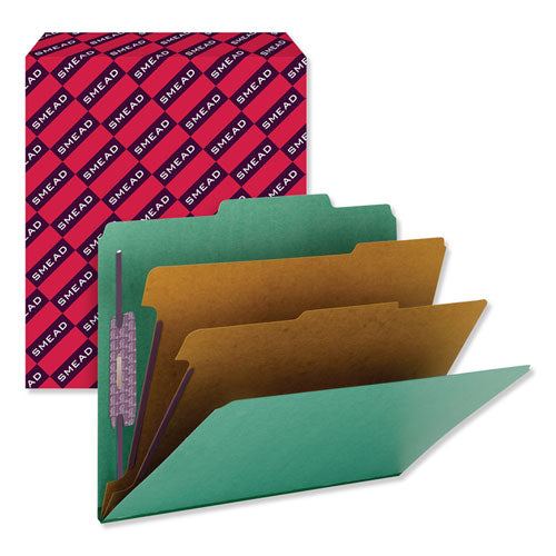 Image of Smead Six-Section Pressboard Top Tab Classification Folders, Six SafeSHIELD Fasteners, 2 Dividers, Letter Size, Green, 10/Box
