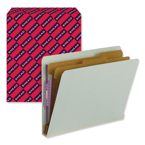 Image of Smead End Tab Pressboard Classification Folders, Six SafeSHIELD Fasteners, 2" Expansion, 2 Dividers, Letter Size, Gray-Green, 10/BX