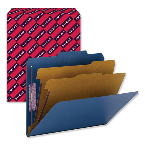 Image of Smead Six-Section Pressboard Top Tab Classification Folders, Six SafeSHIELD Fasteners, 2 Dividers, Letter Size, Dark Blue, 10/Box