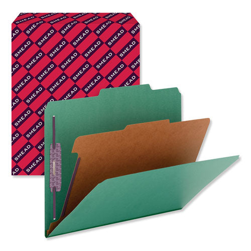 Image of Smead Four-Section Pressboard Top Tab Classification Folders, Four SafeSHIELD Fasteners, 1 Divider, Letter Size, Green, 10/Box