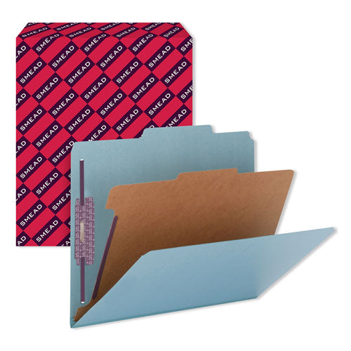 Image of Smead Four-Section Pressboard Top Tab Classification Folders, Four SafeSHIELD Fasteners, 1 Divider, Letter Size, Blue, 10/Box