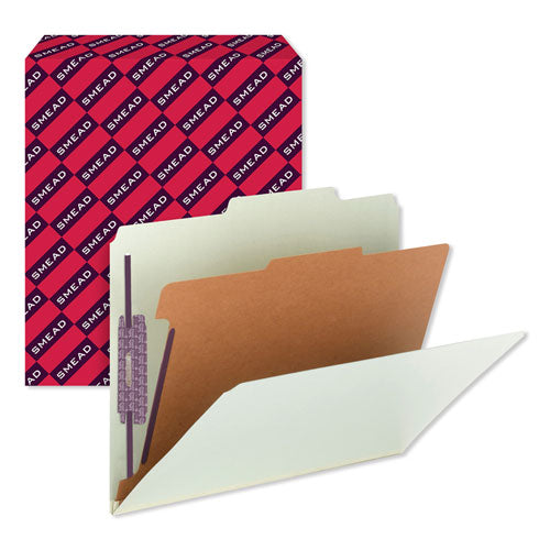 Image of Smead Pressboard Classification Folders, Four SafeSHIELD Fasteners, 2/5-Cut Tabs, 1 Divider, Letter Size, Gray-Green, 10/Box