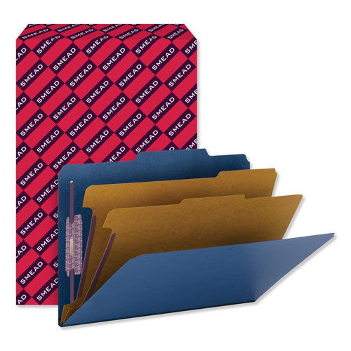 Image of Smead Six-Section Pressboard Top Tab Classification Folders, Six SafeSHIELD Fasteners, 2 Dividers, Legal Size, Dark Blue, 10/Box