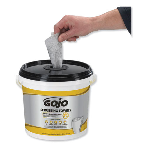 Image of GOJO® Scrubbing Towels, Hand Cleaning, Orange Scent, White/Yellow, 170/Bucket, 2 Buckets/Carton