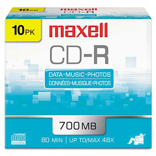 Image of Maxell® Cd-R Recordable Disc, 700 Mb/80 Min, 48x, Slim Jewel Case, Silver, 10/pack