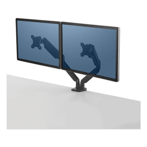 Image of Fellowes® Platinum Series Dual Monitor Arm For 27" Monitors, 360 Deg Rotation, +85 Deg/-20 Deg Tilt, 360 Deg Pan, Black, Supports 20 Lb