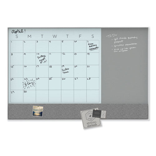 Image of U Brands 3N1 Magnetic Glass Dry Erase Combo Board, Monthly Planning, 24 x 18 (Actual Size: 23 x 17), Gray/White Surface, White Frame