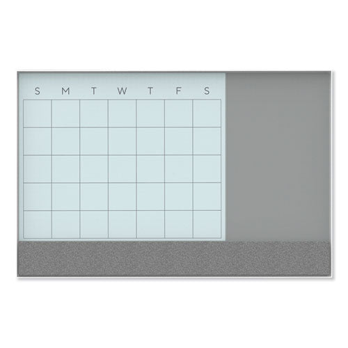 Image of U Brands 3N1 Magnetic Glass Dry Erase Combo Board, Monthly Planning, 36 x 24 (Actual Size: 35" x 23"), Gray/White Surface, White Frame