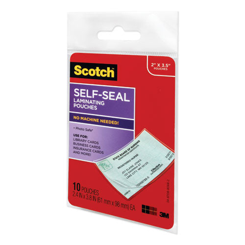 Image of Scotch Self-Sealing Laminating Pouches, 9 Mil, 3.8" X 2.4", Gloss Clear, 10/pack