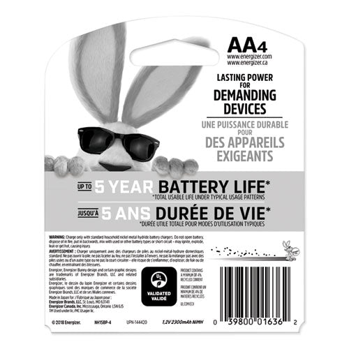 Image of Energizer® Nimh Rechargeable Aa Batteries, 1.2 V, 4/pack