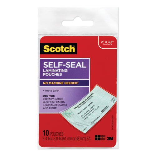 Image of Scotch Self-Sealing Laminating Pouches, 9 Mil, 3.8" X 2.4", Gloss Clear, 10/pack