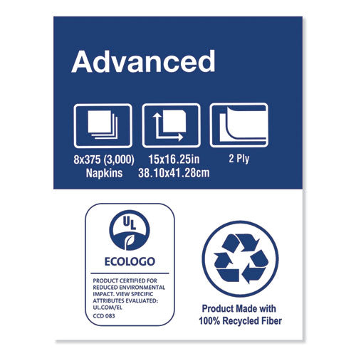Image of Tork® Advanced Dinner Napkins, 2 Ply, 15" X 16.25", 1/8 Fold, White, 375/packs, 8 Packs/carton