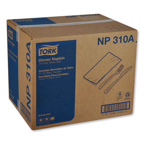 Image of Tork® Advanced Dinner Napkins, 2 Ply, 15" X 16.25", 1/8 Fold, White, 375/packs, 8 Packs/carton