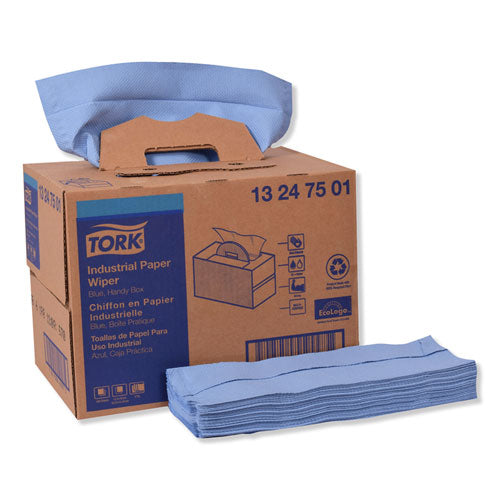 Image of Tork® Industrial Paper Wiper, 4-Ply, 12.8 x 16.5, Unscented, Blue, 180/Carton