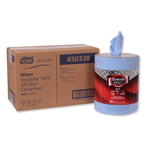 Image of Tork® Advanced ShopMax Wiper 450, Centerfeed Refill, 9.9 x 13.1, Blue, 200/Roll, 2 Rolls/Carton