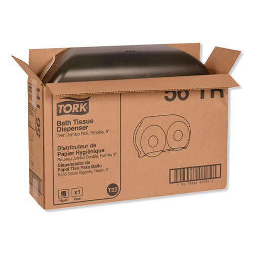 Image of Tork® Twin Jumbo Roll Bath Tissue Dispenser, 19.29 X 5.51 X 11.83, Smoke/gray