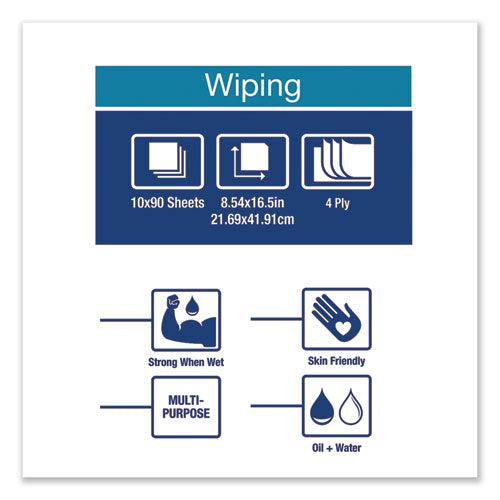 Image of Tork® Industrial Paper Wiper, 4-Ply, 8.54 x 16.5, Unscented, Blue, 90 Towels/Box, 10 Boxes/Carton