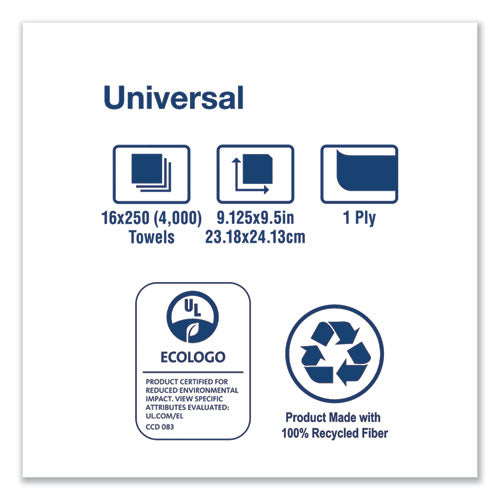 Image of Tork® Universal Multifold Hand Towel, 1-Ply, 9.13 x 9.5, White, 250/Pack,16 Packs/Carton