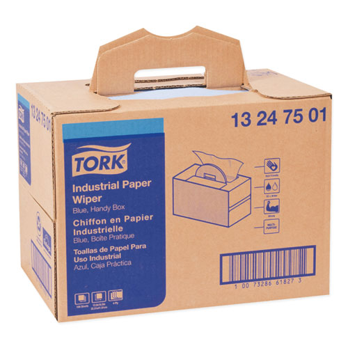 Image of Tork® Industrial Paper Wiper, 4-Ply, 12.8 x 16.5, Unscented, Blue, 180/Carton