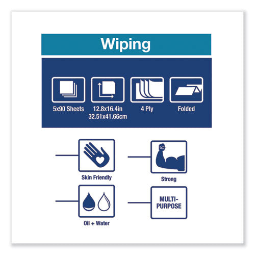 Image of Tork® Industrial Paper Wiper, 4-Ply, 12.8 x 16.4, Unscented, Blue, 90/Pack, 5 Packs/Carton