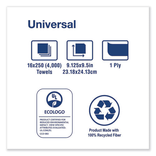 Image of Tork® Universal Multifold Hand Towel, 1-Ply, 9.13 x 9.5, Natural, 250/Pack, 16 Packs/Carton