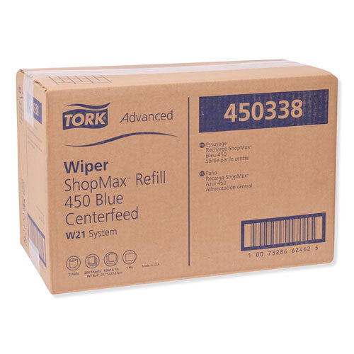 Image of Tork® Advanced ShopMax Wiper 450, Centerfeed Refill, 9.9 x 13.1, Blue, 200/Roll, 2 Rolls/Carton