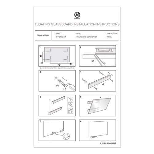 Image of U Brands Floating Glass Dry Erase Board, 48" x 36" (Actual Size: 47" x 35"), White Surface
