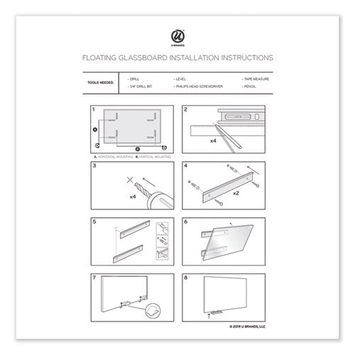 Image of U Brands Floating Glass Dry Erase Board, 36" x 24" (Actual Size: 35" x 23"), White Surface