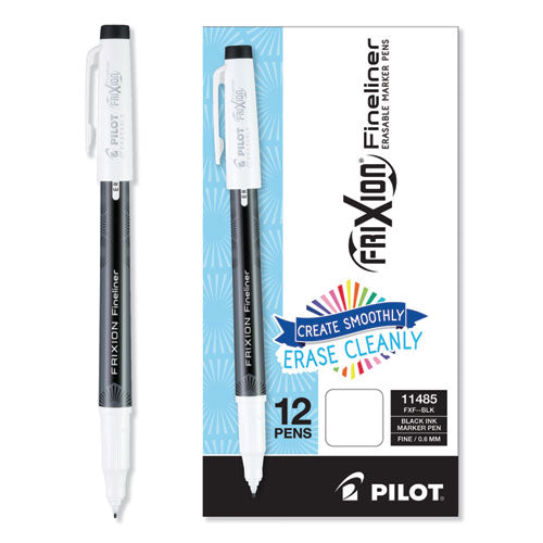 Image of Pilot® FriXion Fineliner Erasable Porous Point Pen, Stick, Fine 0.6 mm, Black Ink, Black/White Barrel, Dozen