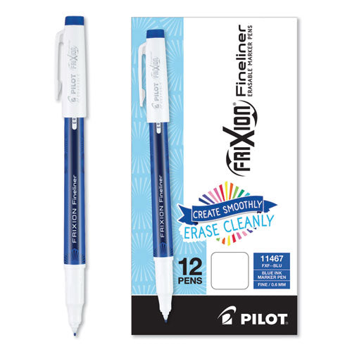 Image of Pilot® FriXion Fineliner Erasable Porous Point Pen, Stick, Fine 0.6 mm, Blue Ink, Blue/White Barrel, Dozen