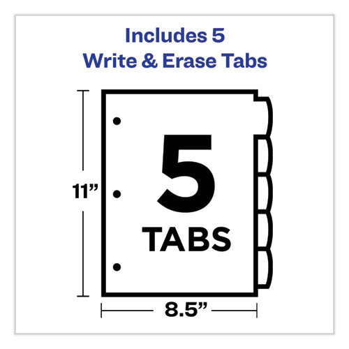 Image of Avery® Write and Erase Big Tab Durable Plastic Dividers, 3-Hole Punched, 5-Tab, 11 x 8.5, Assorted, 1 Set