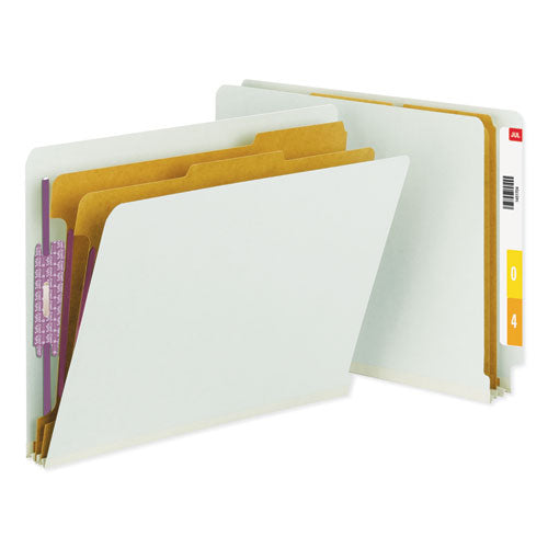 Image of Smead End Tab Pressboard Classification Folders, Six SafeSHIELD Fasteners, 2" Expansion, 2 Dividers, Letter Size, Gray-Green, 10/BX