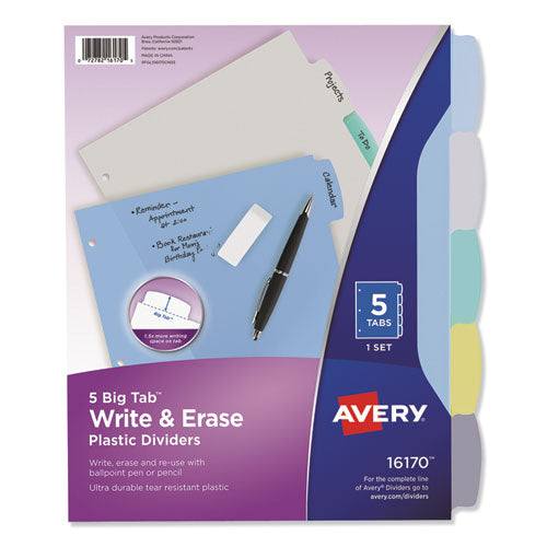 Image of Avery® Write and Erase Big Tab Durable Plastic Dividers, 3-Hole Punched, 5-Tab, 11 x 8.5, Assorted, 1 Set
