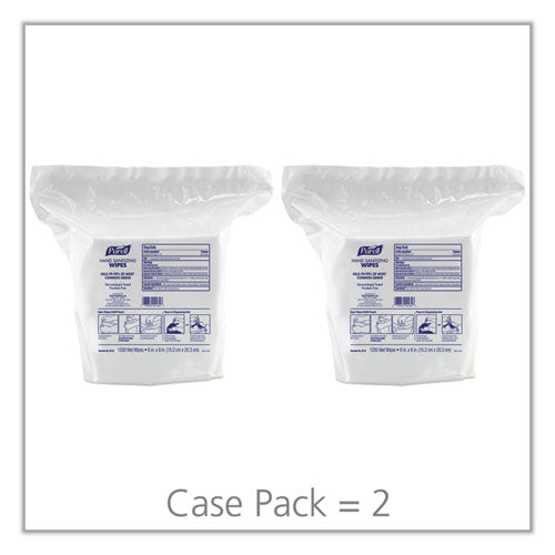 Image of PURELL® Hand Sanitizing Wipes, 6 x 8, Fresh Citrus Scent, White, 1,200/Refill Pouch, 2 Refills/Carton