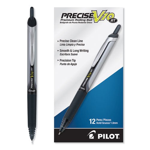 Image of Pilot® Precise V10RT Rollerball Pen, Retractable, Bold 1 mm, Black Ink, Black Barrel, Dozen