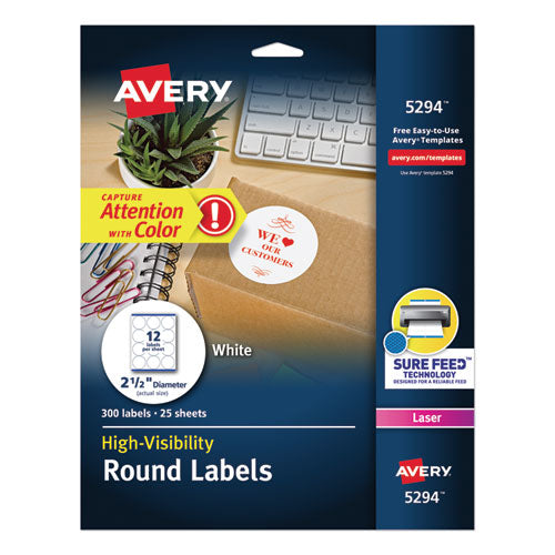 Image of Avery® Permanent Laser Print-To-The-Edge Id Labels W/surefeed, 2 1/2"dia, White, 300/pk