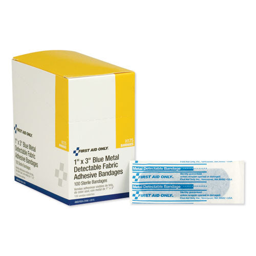 Image of First Aid Only Adhesive Blue Metal Detectable Bandages, 1 X 3, Plastic With Foil, 100/box, 12 Boxes/carton