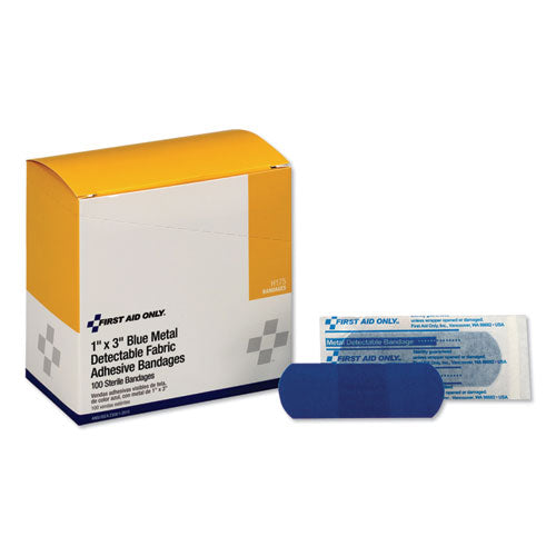 Image of First Aid Only Adhesive Blue Metal Detectable Bandages, 1 X 3, Plastic With Foil, 100/box, 12 Boxes/carton