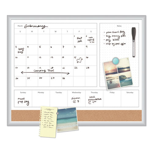 Image of U Brands 4N1 Magnetic Dry Erase Combo Board, Week/Month Planning, 24 x 18 (Actual Size: 23 x 17), Tan/WH Surface, Satin Aluminum Frame