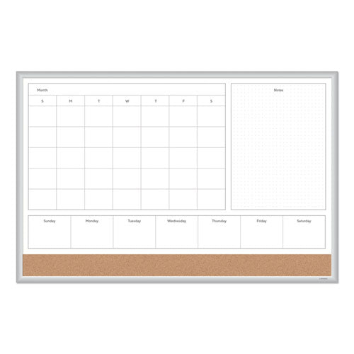 Image of U Brands 4N1 Magnetic Dry Erase Combo Board, Week/Month Planning, 36 x 24 (Actual Size: 35 x 23), Tan/WH Surface, Satin Aluminum Frame