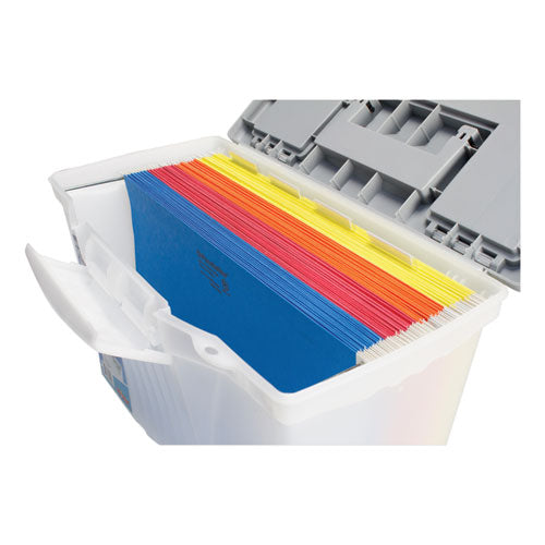 Image of Storex Portable Letter/legal Filebox With Organizer Lid, Letter/legal Files, 14.5" X 10.5" X 12", Clear/silver